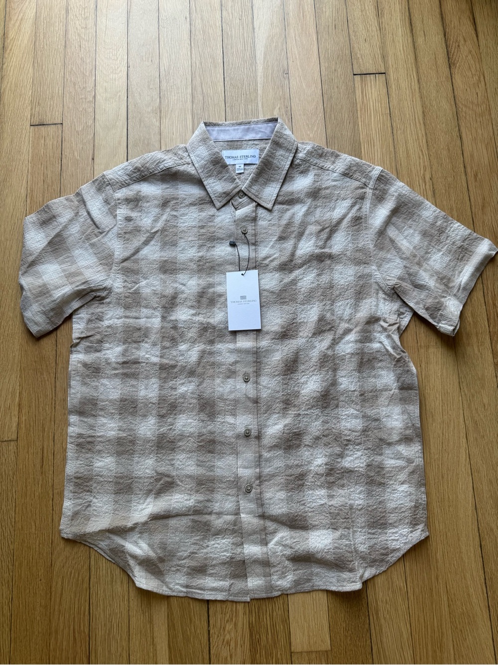 Short Sleeve Linen-Blend Button Down Shirt in Beige Check